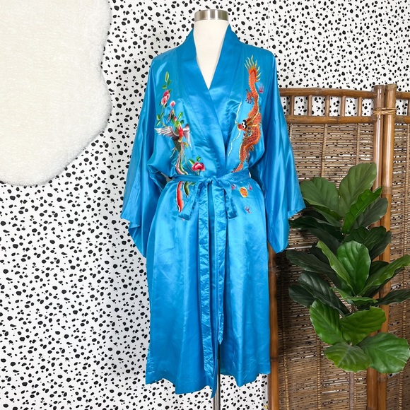 Vintage Other - Vintage | Golden Dragon Teal Blue Satin Colorful Embroidered Robe Pajamas S